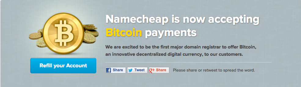 Vous pouvez payer vos nom de domaine par bitcoin chez Namecheap