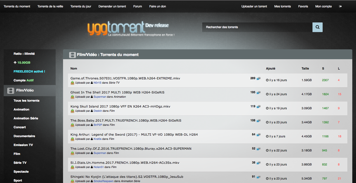 Page d'accueil d'YggTorrent