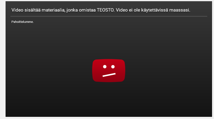 Message d'erreur Youtube en Finlande